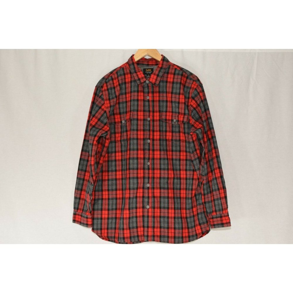Lee Men Long Sleeve Red Gray 100% Cotton Button Up Collared Shirt Size XL